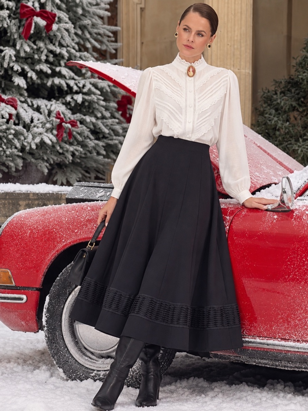 Vintage Black Midi Skirt Ruched Ribbon Trim Victorian Holiday Equestrian L/12